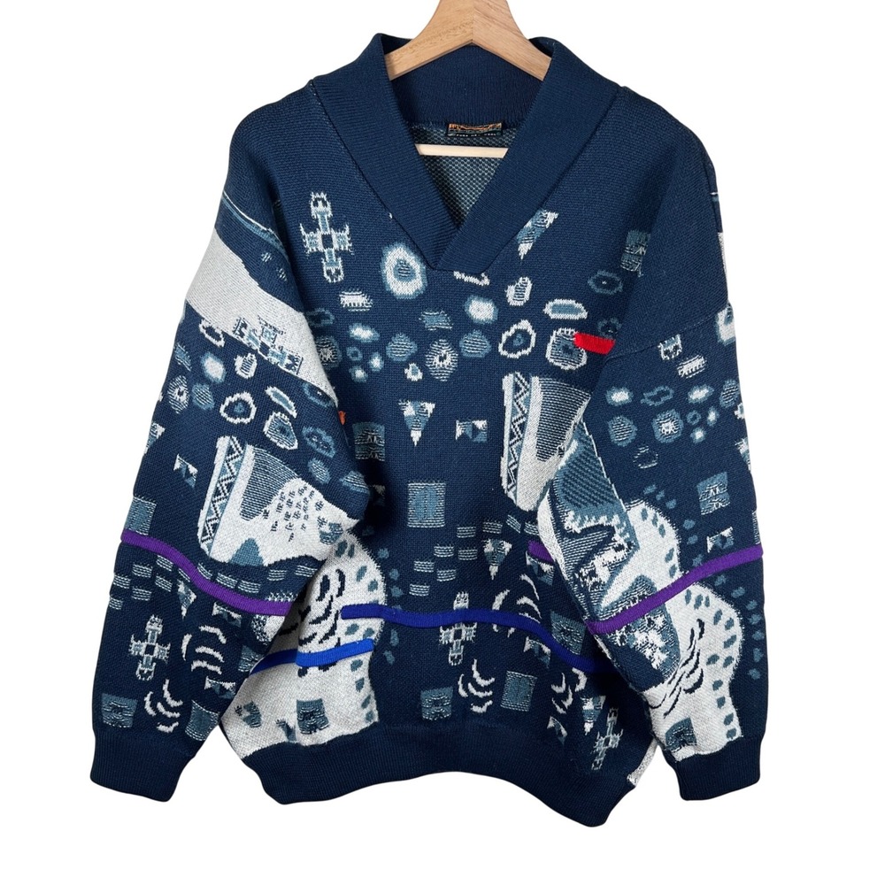 Vintage‎ 90s Abstract Geometric Knit Sweater Loud Hip Hop Era Graphic Streetwear